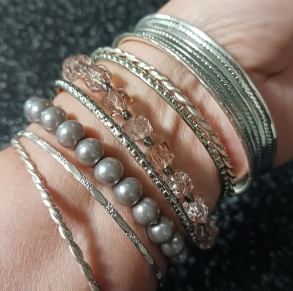 Stack of 8 Silvertone Bracelets - Picture 5 of 5